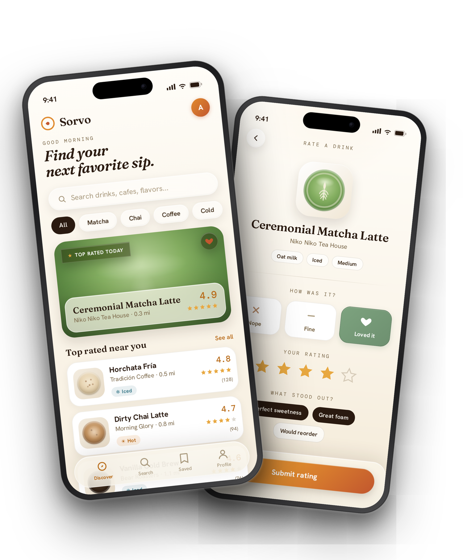 Sorvo app showing the Discover and Rate screens